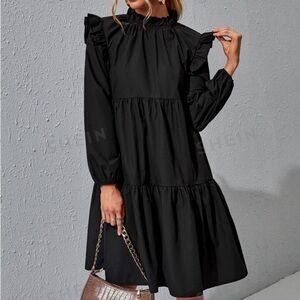 Ruffle Trim Ruched Front Smock Dress